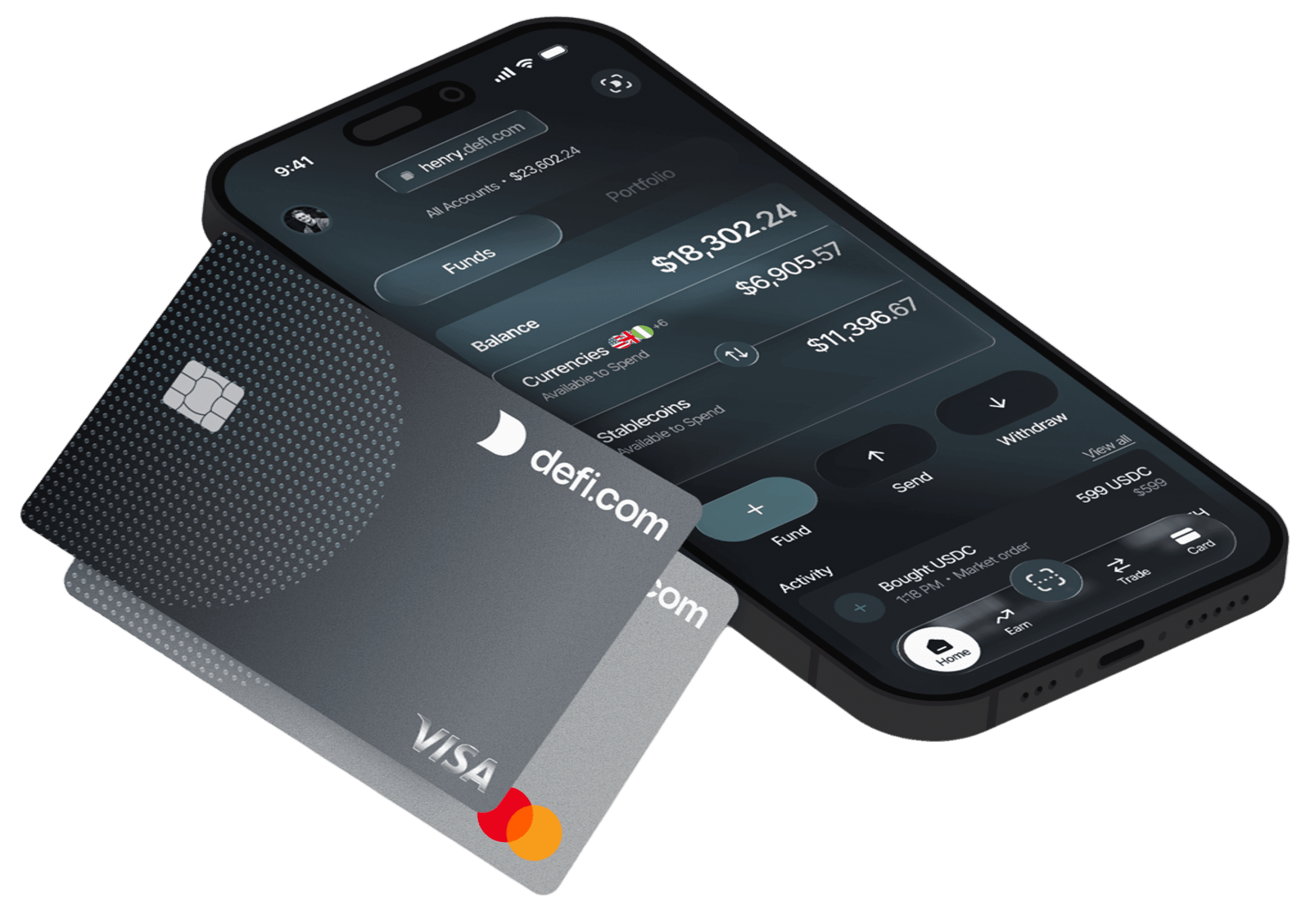 A defi.com Visa card over a phone displaying the accounts dashboard